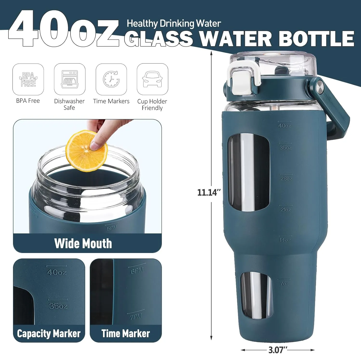 BLUEGO 40 oz Glass Water Bottle with Straw, Leakproof Glass Drinking Bottle with Time Marker and Silicone Sleeve, Wide Mouth Water Bottle for Travel, Gym, Workout, Dark Blue
