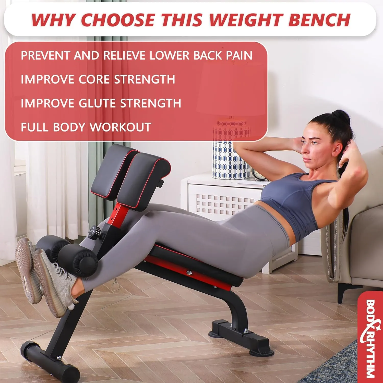 BODYRHYTHM Compact Adjustable Weight Bench for Full Body Strength Training, Ab/Back Hyper Roman Chair, Adjustable Ab Sit up Bench, Incline Decline Bench, Flat Bench, Hyperextension Bench, Back Extension Machine