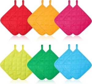 Bokon 12 Pcs Cotton Pot Holders for Kitchen Heat Resistant Potholders Bulk for Crafts Multi Color Square Pads Oven Mitts with Hanging Loops for Cooking Baking, 7 x 7 Inch (Multicolor)