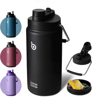 BOTTLE BOTTLE Insulated Water Bottle 64 oz with Straw and Dual-use Lid Half Gallon Water Jug Vacuum Stainless Steel for Workout and Sports Insulated Beer Growler with Handle Dark black