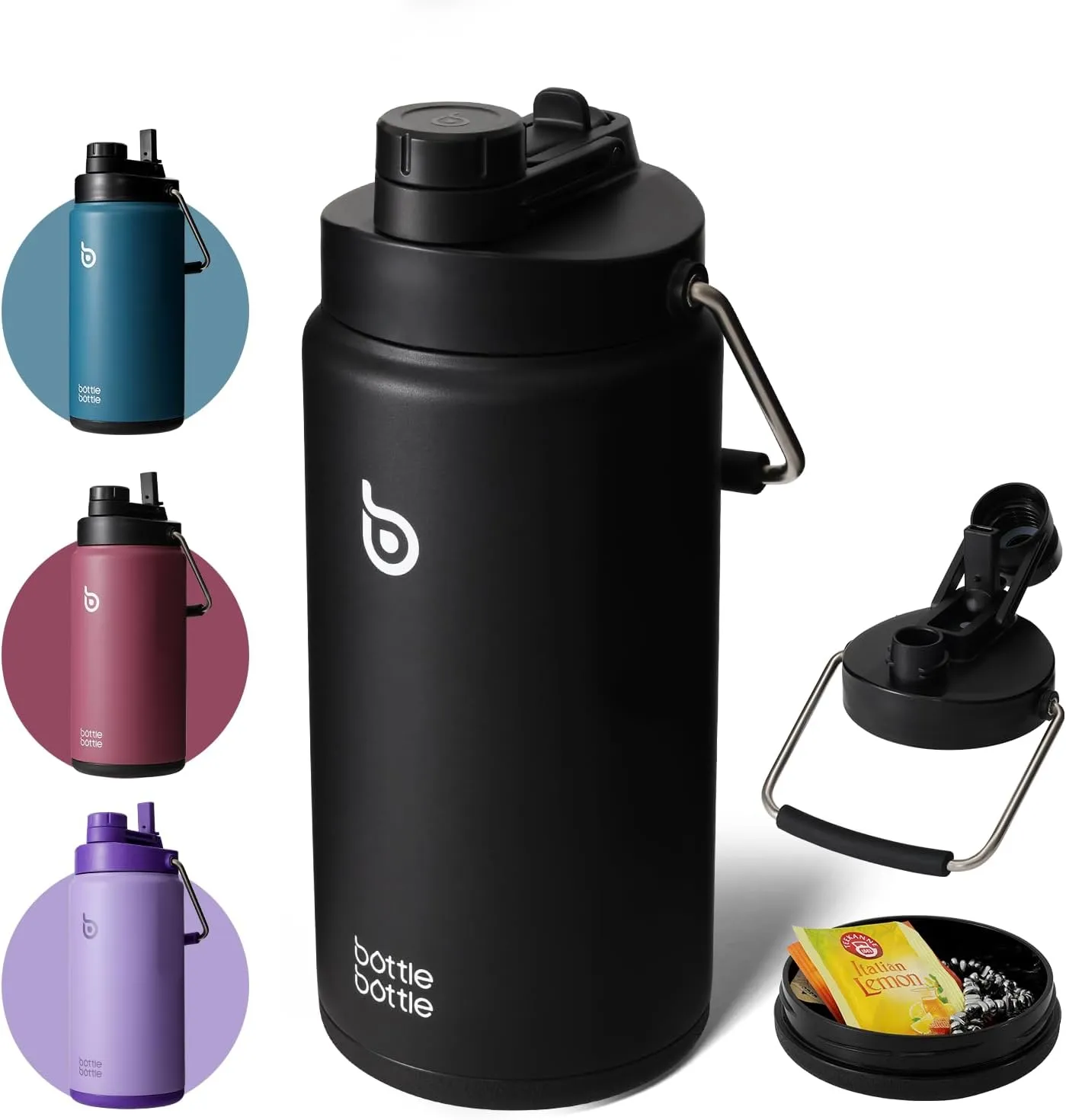BOTTLE BOTTLE Insulated Water Bottle 64 oz with Straw and Dual-use Lid Half Gallon Water Jug Vacuum Stainless Steel for Workout and Sports Insulated Beer Growler with Handle Dark black