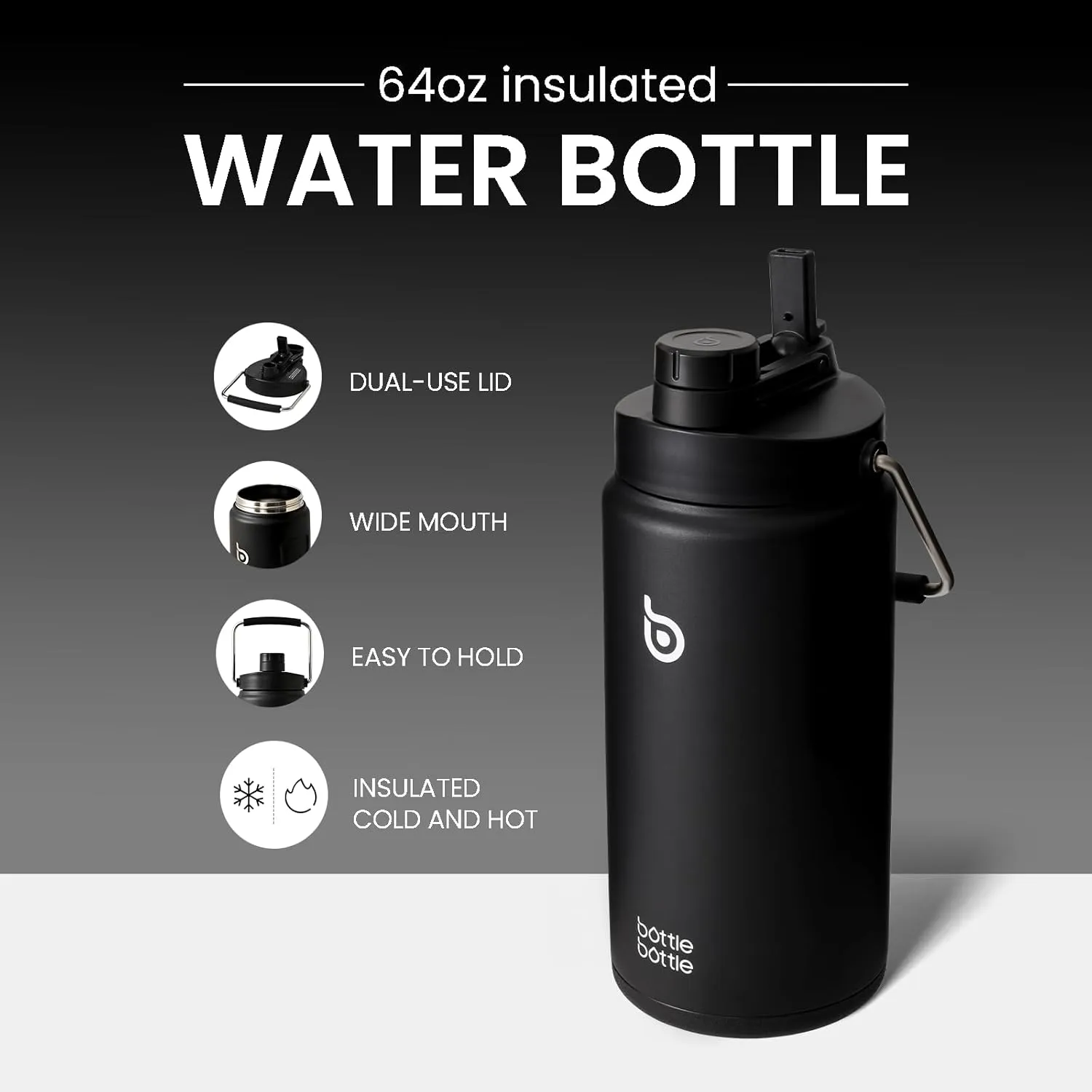 BOTTLE BOTTLE Insulated Water Bottle 64 oz with Straw and Dual-use Lid Half Gallon Water Jug Vacuum Stainless Steel for Workout and Sports Insulated Beer Growler with Handle Dark black