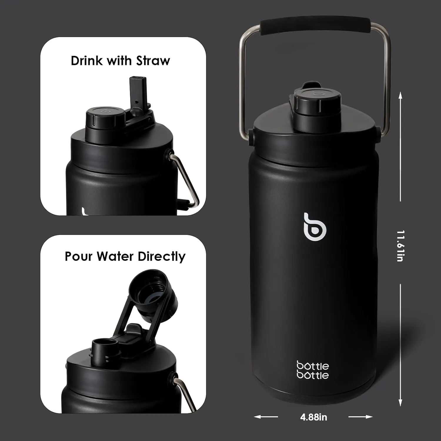 BOTTLE BOTTLE Insulated Water Bottle 64 oz with Straw and Dual-use Lid Half Gallon Water Jug Vacuum Stainless Steel for Workout and Sports Insulated Beer Growler with Handle Dark black