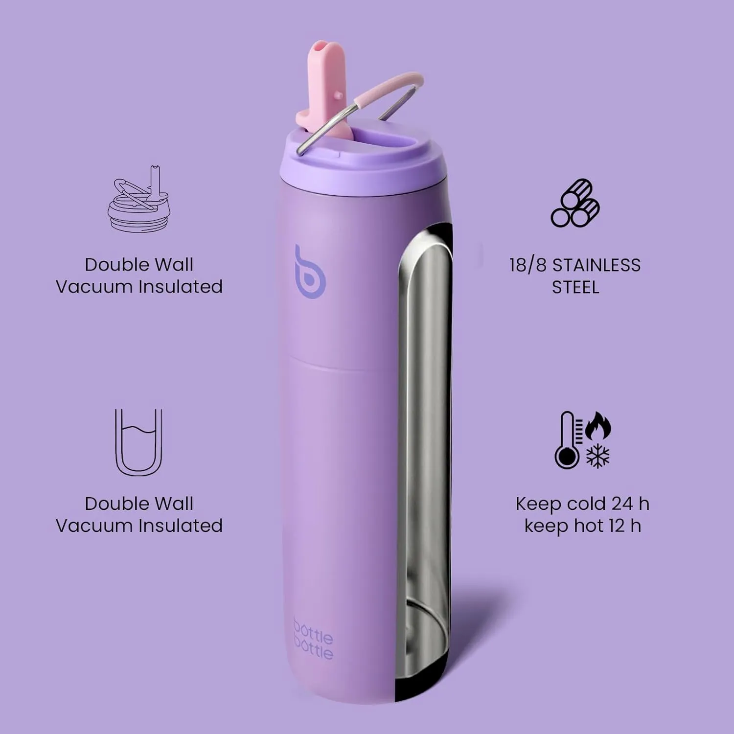 BOTTLE BOTTLE Stainless Steel Water Bottle with Straw Lid and Handle 32 oz Vacuum Insulated Cup for Sports Travel Gym Hiking, Leak-Proof Wide Mouth Water Bottles for Men and Women,violet