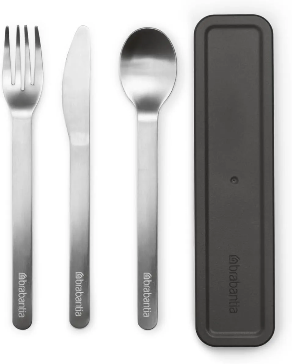 Brabantia Make & Take Cutlery Set with Case (Set of 3) Travel Knife, Spoon, & Fork, Hygienic Compact Design, Stainless Steel, Dishwasher Safe