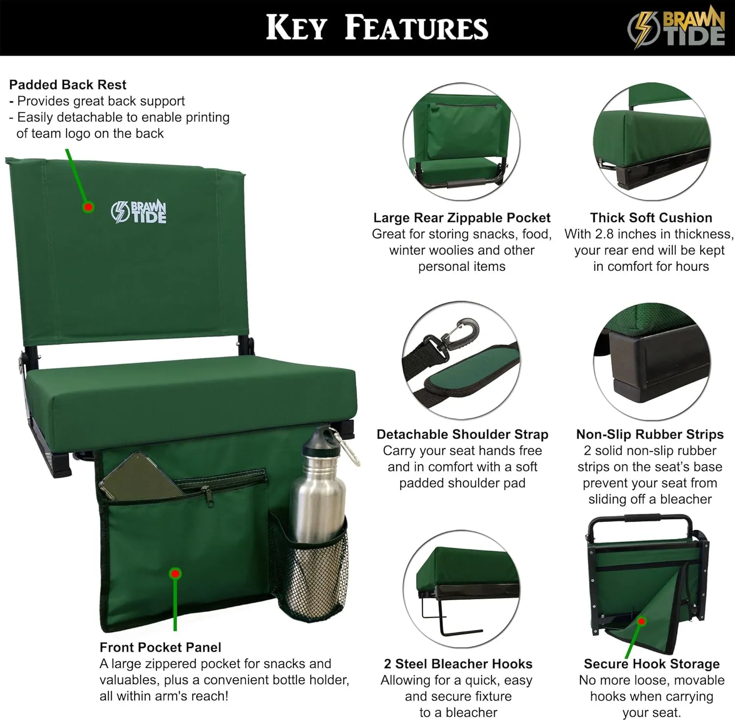 BRAWNTIDE Wide Stadium Seat - Extra Thick Cushion, Great Back Support, Lightweight Chair, Multiple Storage Pockets, Compact, Ideal for Sporting Events