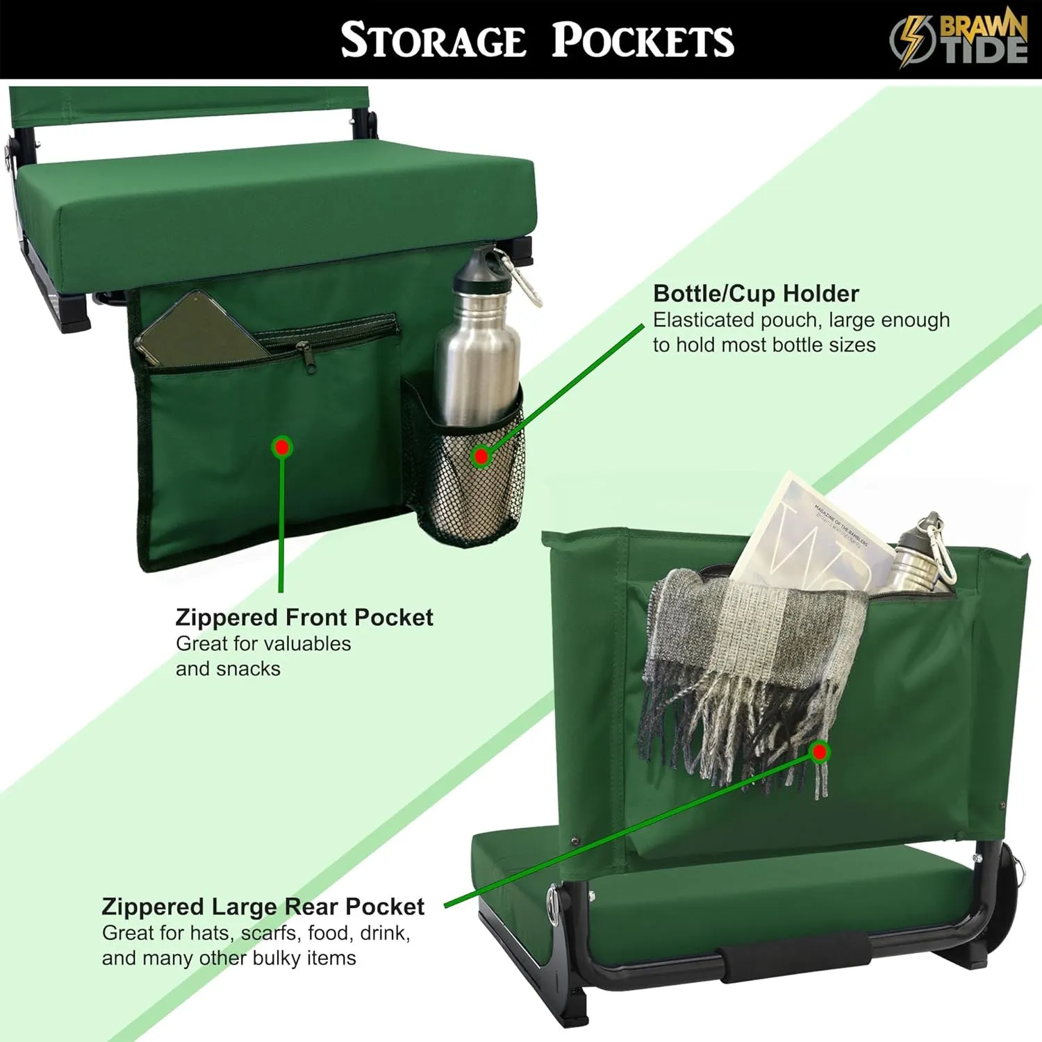 BRAWNTIDE Wide Stadium Seat - Extra Thick Cushion, Great Back Support, Lightweight Chair, Multiple Storage Pockets, Compact, Ideal for Sporting Events