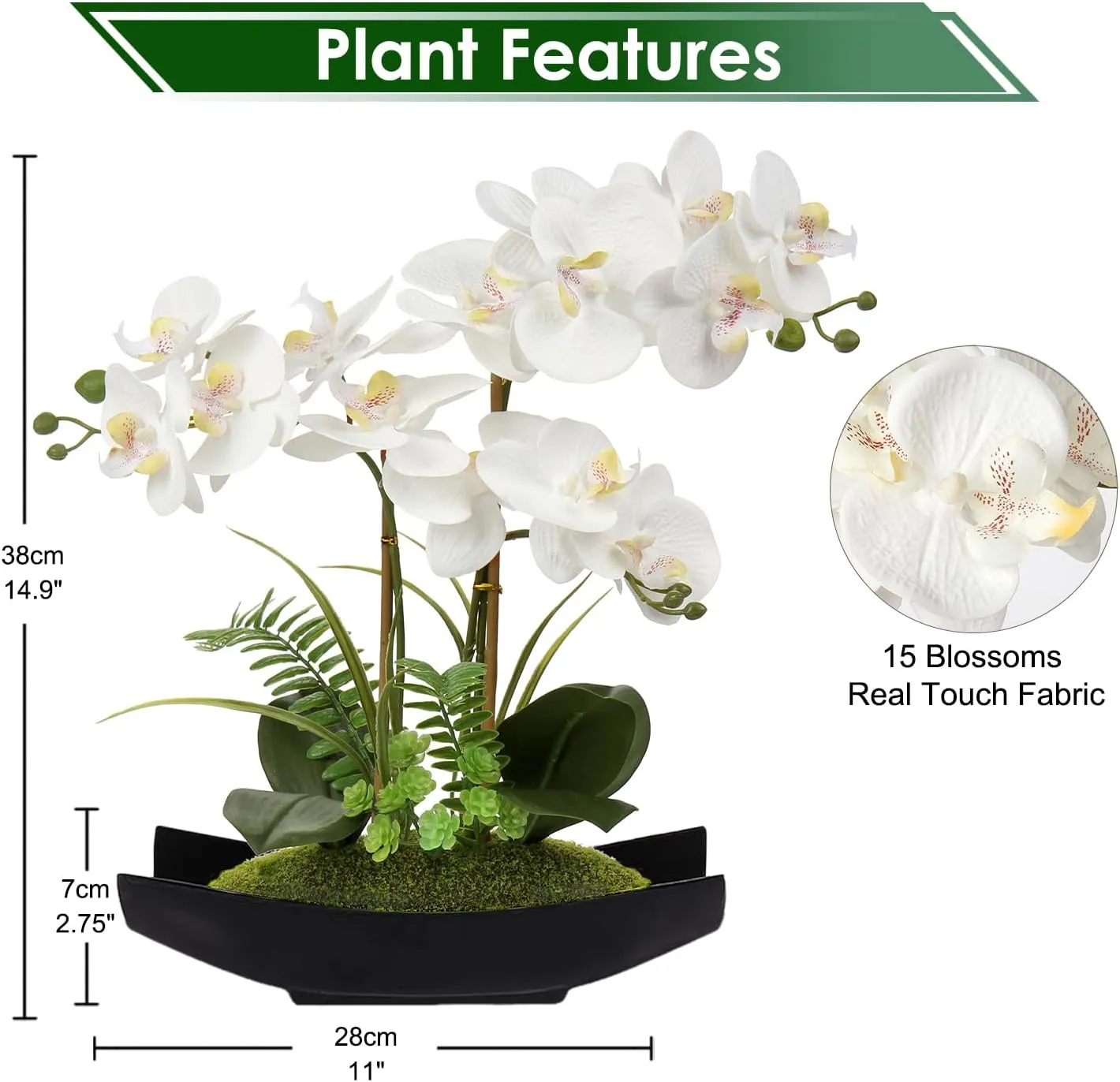 Briful Orchid Artificial Flowers 15in White Fake Orchid Silk Flowers with Black Pot Faux Phalaenopsis Arrangement for Home Office Room Table Centerpiece Modern Decor