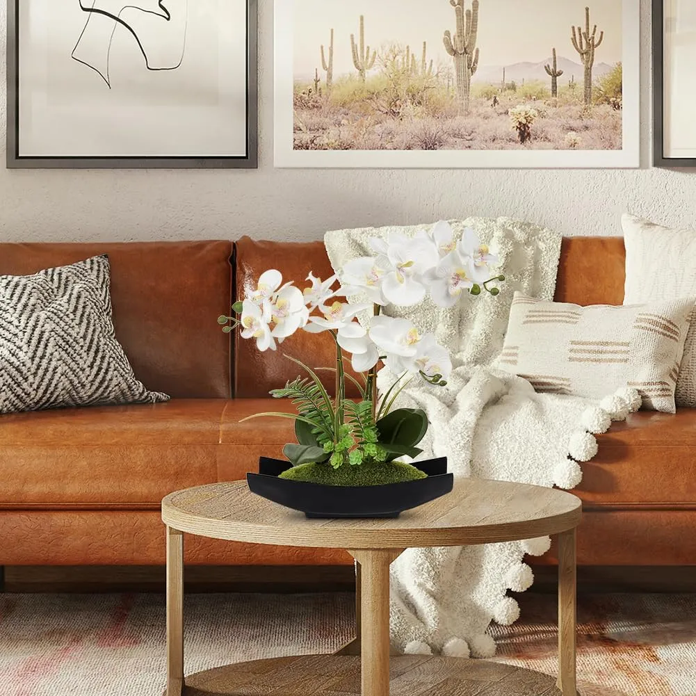 Briful Orchid Artificial Flowers 15in White Fake Orchid Silk Flowers with Black Pot Faux Phalaenopsis Arrangement for Home Office Room Table Centerpiece Modern Decor