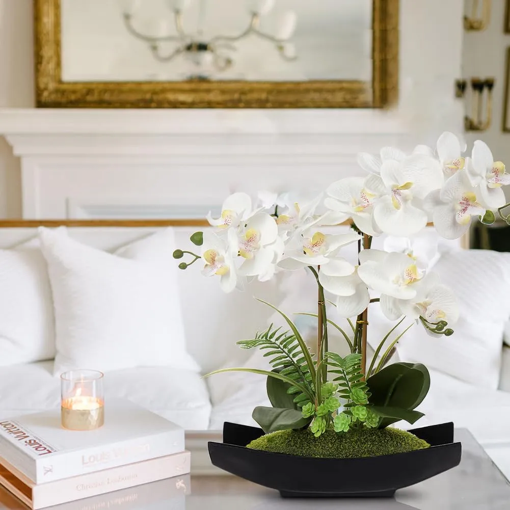 Briful Orchid Artificial Flowers 15in White Fake Orchid Silk Flowers with Black Pot Faux Phalaenopsis Arrangement for Home Office Room Table Centerpiece Modern Decor