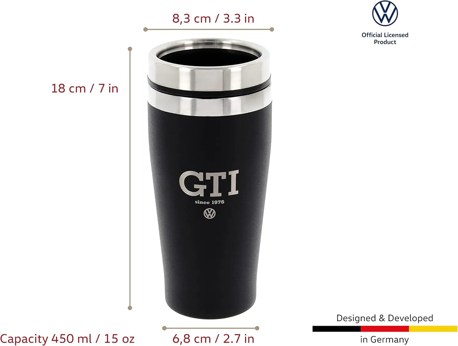BRISA VW Collection - Insulated Stainless Steel Thermo Drinking Cup in VW GTI Design, Double-Walled (450ml/15.2 fl oz/GTI The Legend/Black)