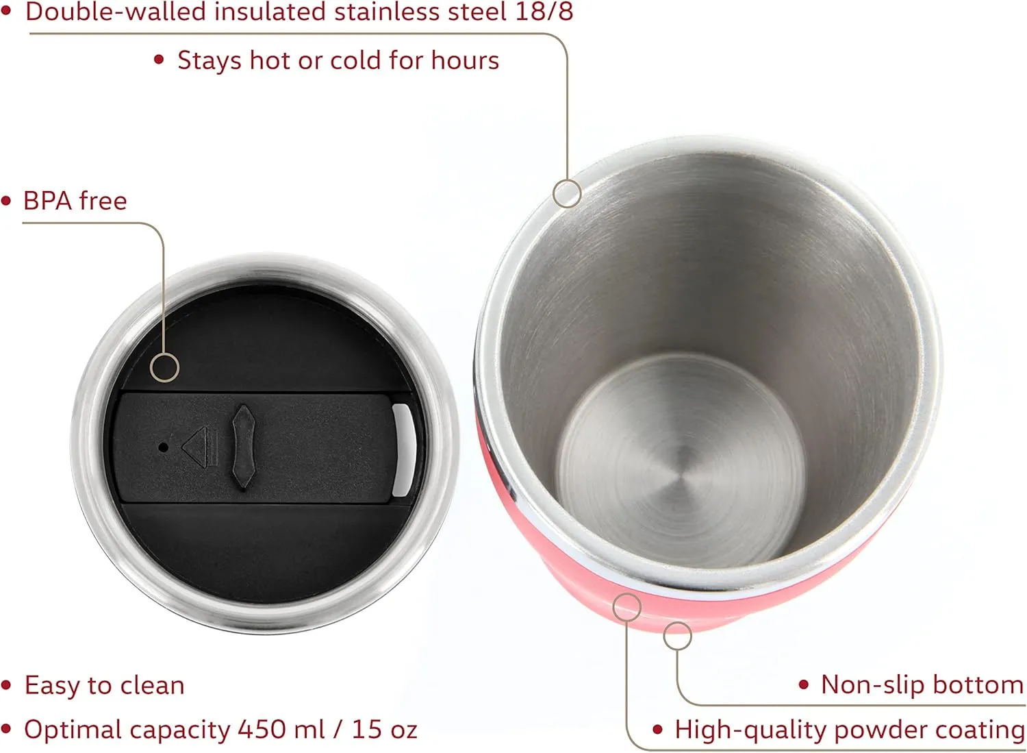 BRISA VW Collection - Insulated Stainless Steel Thermo Drinking Cup in VW Logo Design, Double-Walled (450ml/15.2 fl oz/Red)