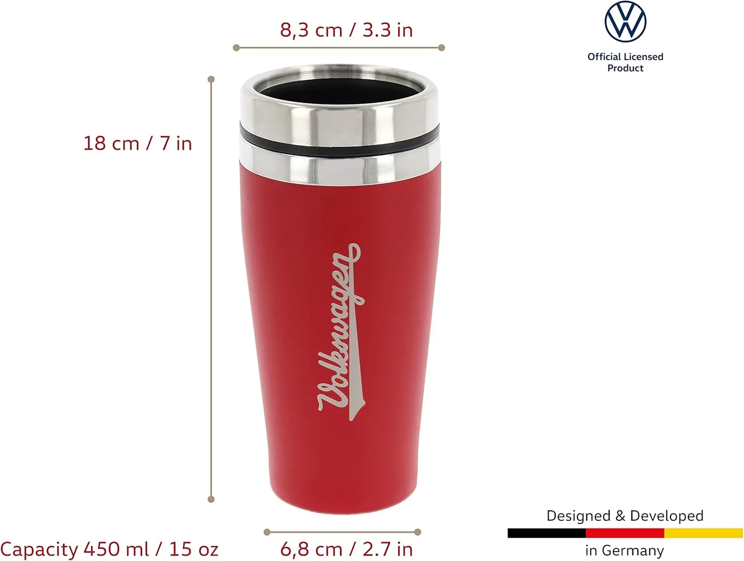 BRISA VW Collection - Insulated Stainless Steel Thermo Drinking Cup in VW Logo Design, Double-Walled (450ml/15.2 fl oz/Red)