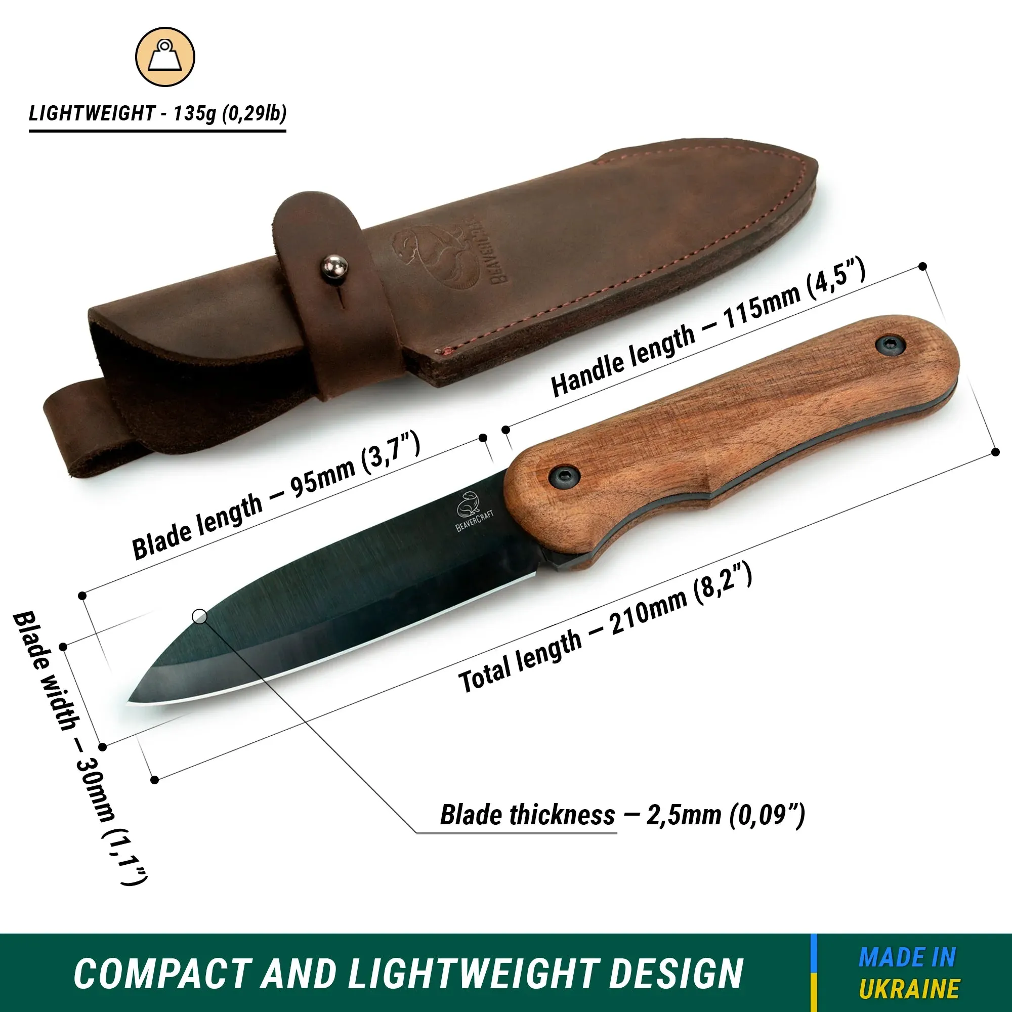 BSH5 Shadow – Compact Carbon Steel Bushcraft Knife Walnut Handle With Leather Sheath