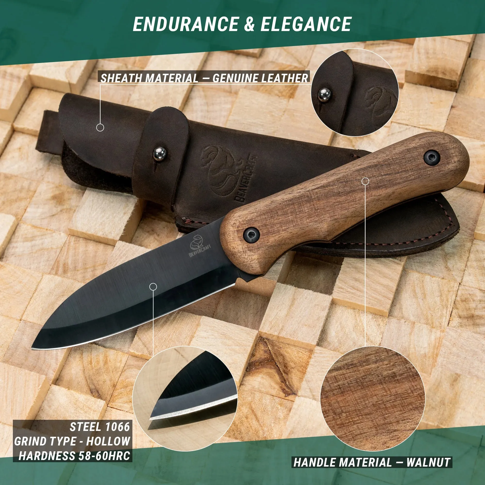 BSH5 Shadow – Compact Carbon Steel Bushcraft Knife Walnut Handle With Leather Sheath