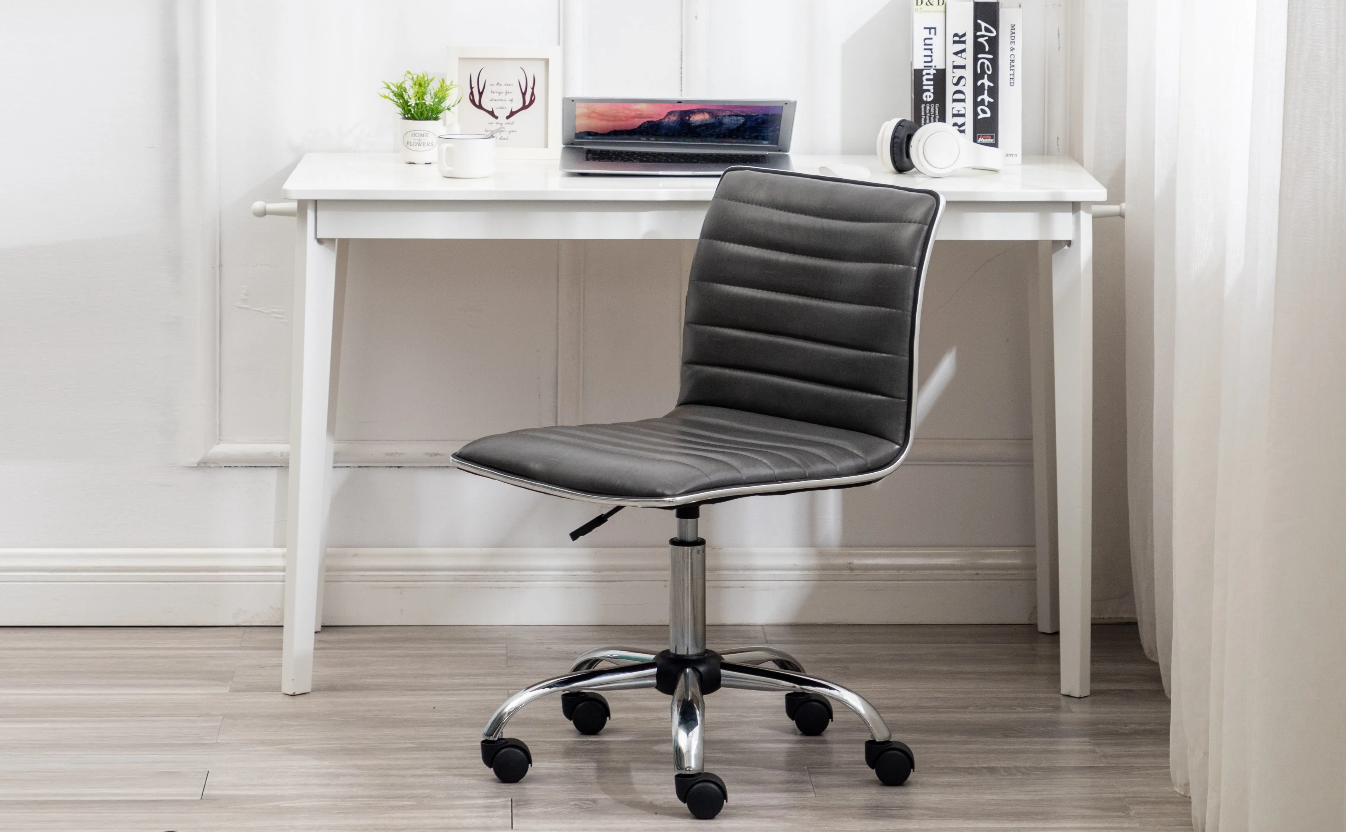 BTEXPERT Swivel Mid Back Armless Ribbed Task Leather Chair, Gray upholstery and Chrome