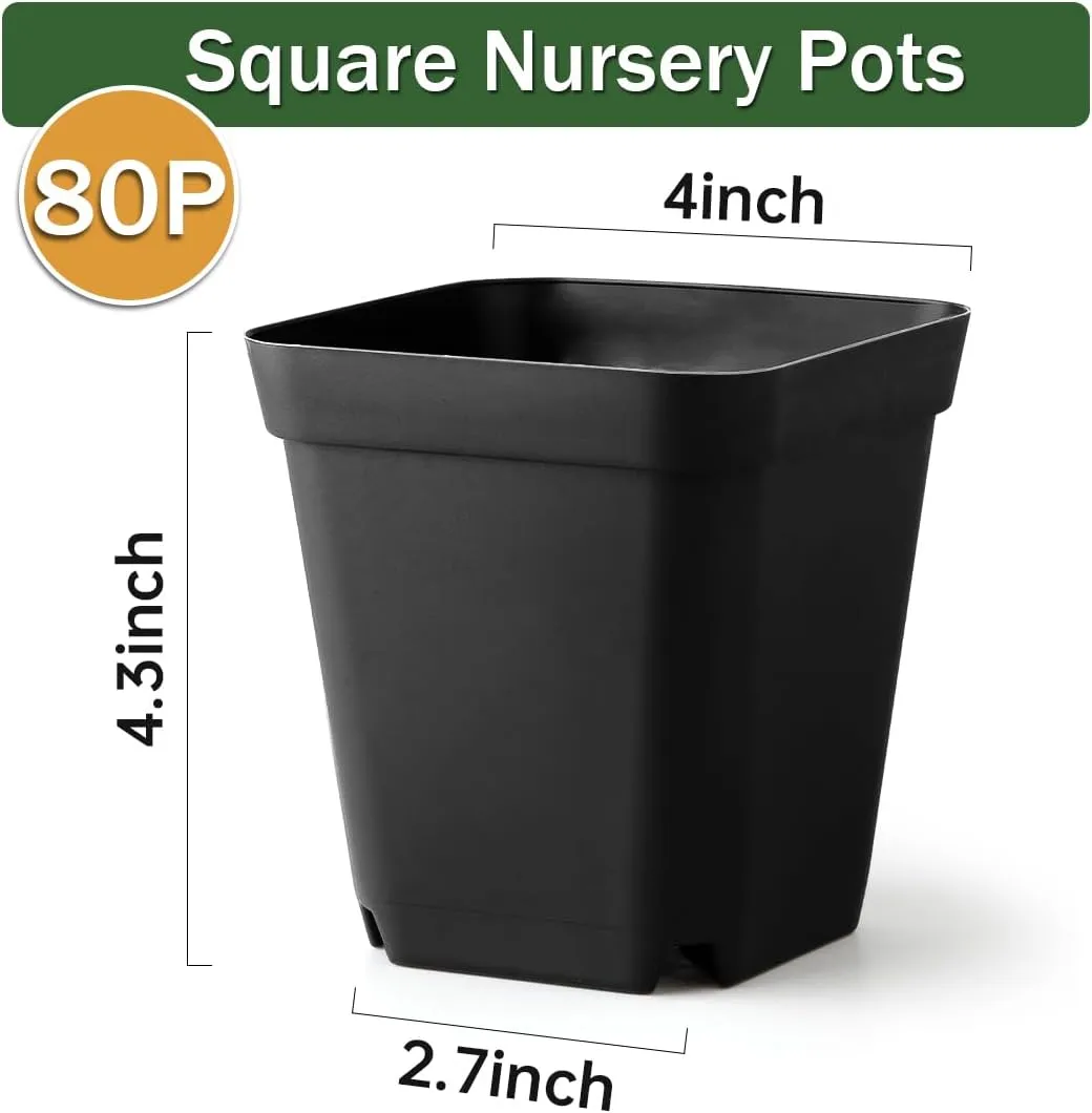 BTPLASTIK 80 Pcs Nursery Pots 4 Inch, Plastic Seed Starting Pot with Drainage Holes, Sturdy Seedling pots for Planting, Succulents, Transplanting, Cuttings (Black)