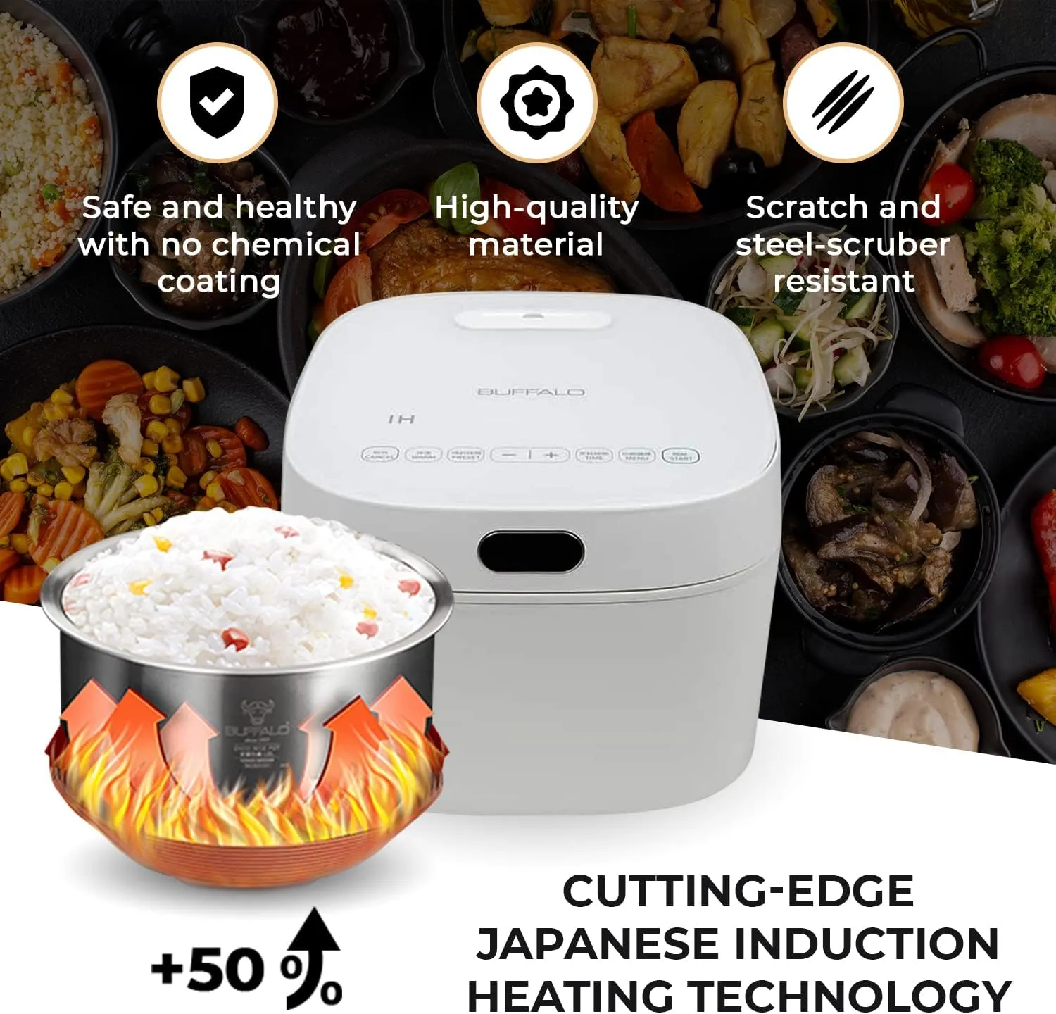 Buffalo SMART COOKER Induction Heating IH Rice Cooker and Warmer, 1 L, 5 cups of rice, Non-Coating inner pot, Efficient, Multiple function, White (5 cups)