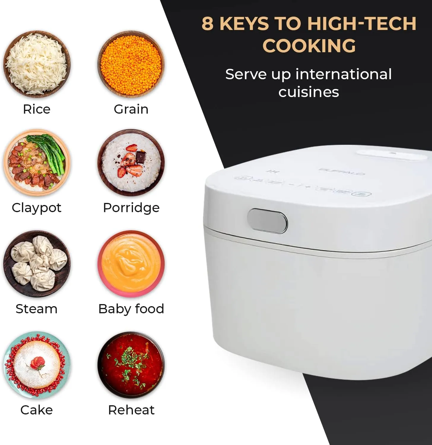 Buffalo SMART COOKER Induction Heating IH Rice Cooker and Warmer, 1 L, 5 cups of rice, Non-Coating inner pot, Efficient, Multiple function, White (5 cups)