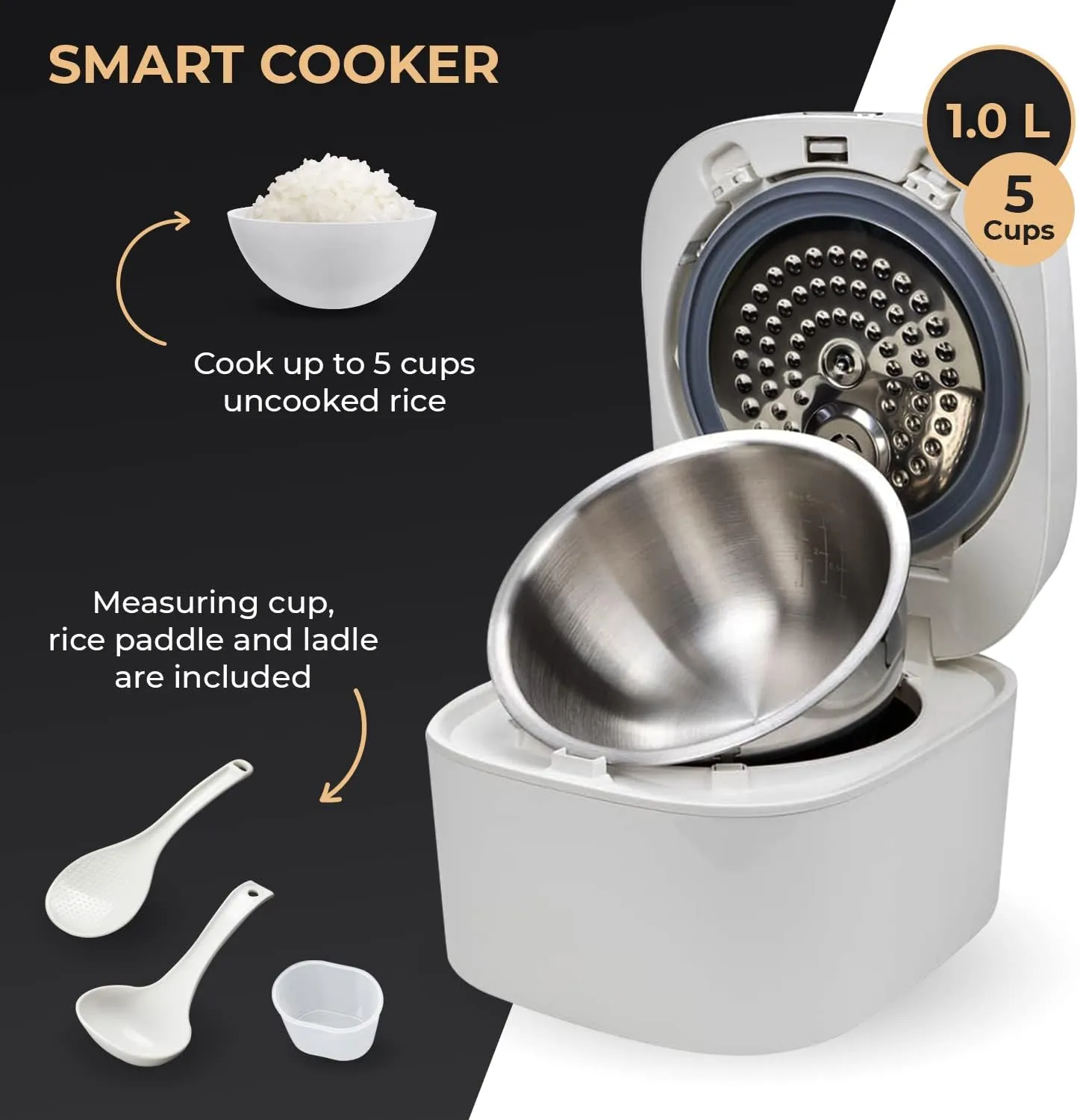 Buffalo SMART COOKER Induction Heating IH Rice Cooker and Warmer, 1 L, 5 cups of rice, Non-Coating inner pot, Efficient, Multiple function, White (5 cups)