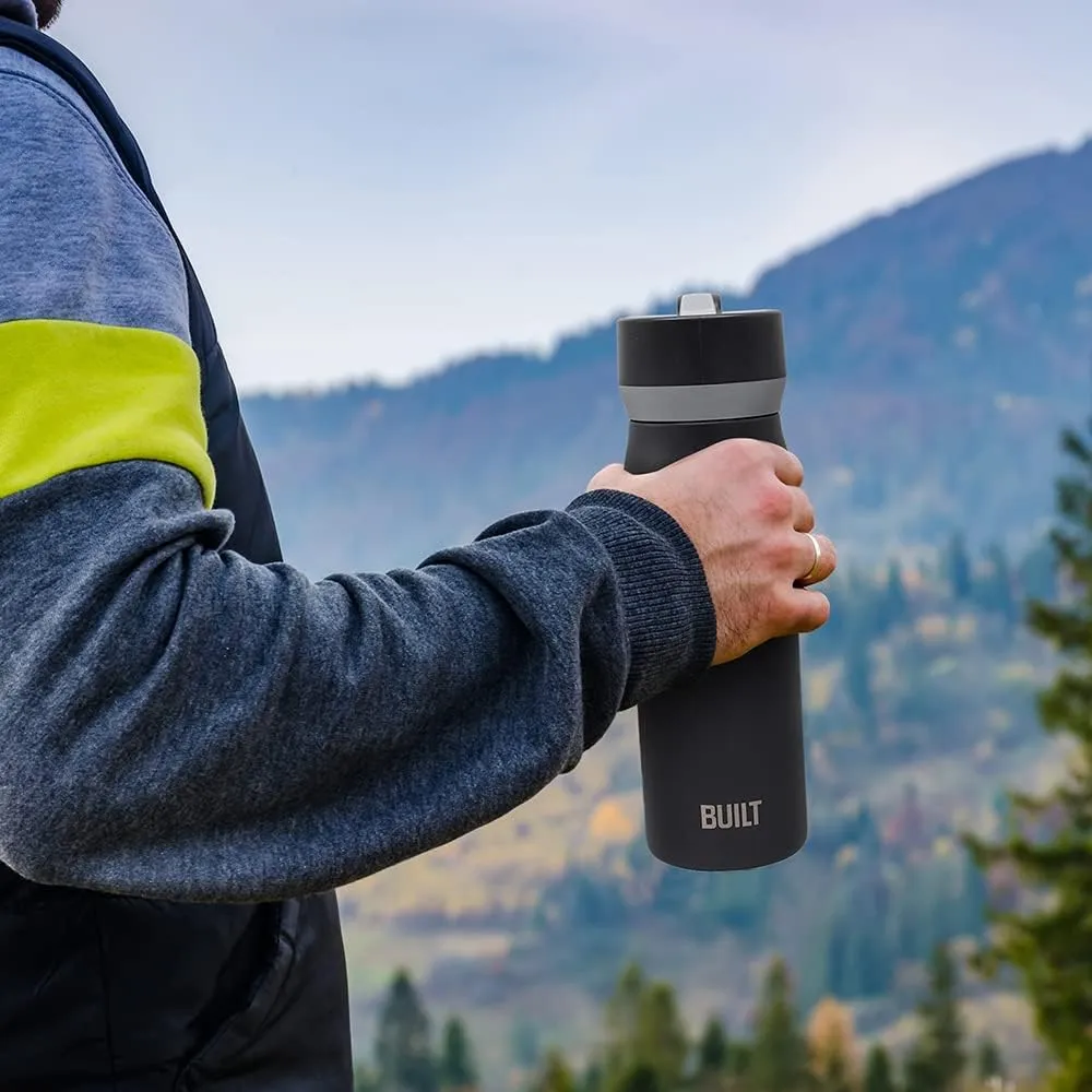 BUILT 20 Ounces Wide Mouth Cascade Double Wall Vacuum Insulated Stainless Steel Bottle with Straw Lid, Black
