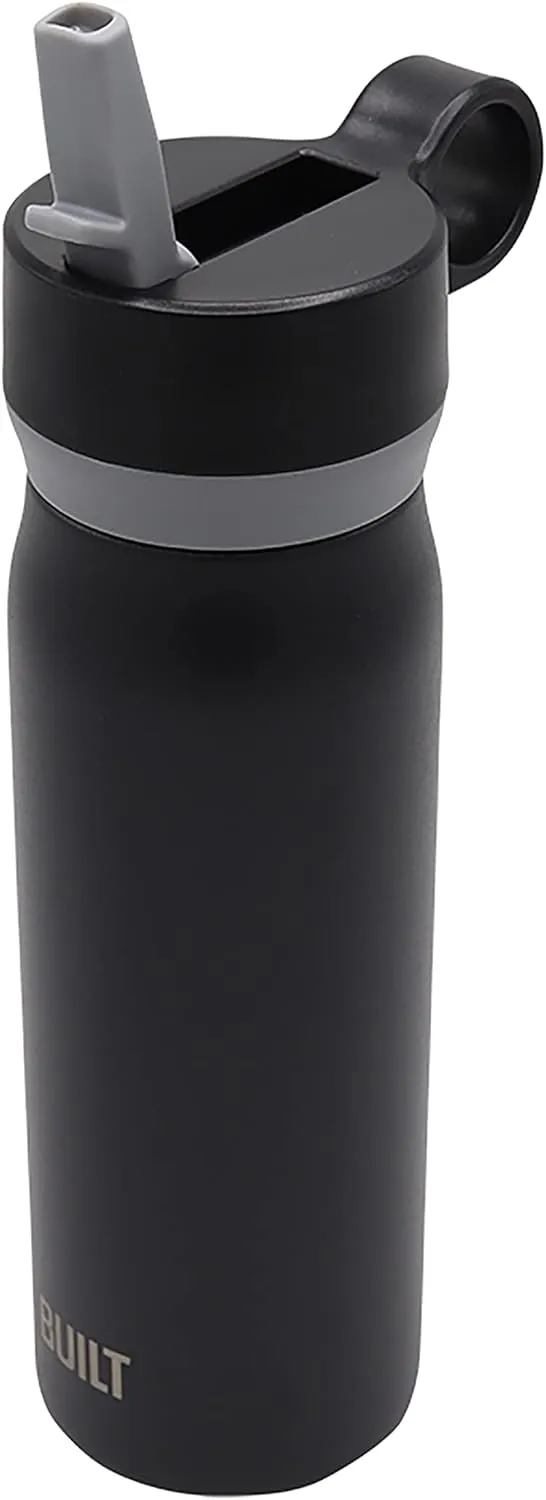 BUILT 20 Ounces Wide Mouth Cascade Double Wall Vacuum Insulated Stainless Steel Bottle with Straw Lid, Black