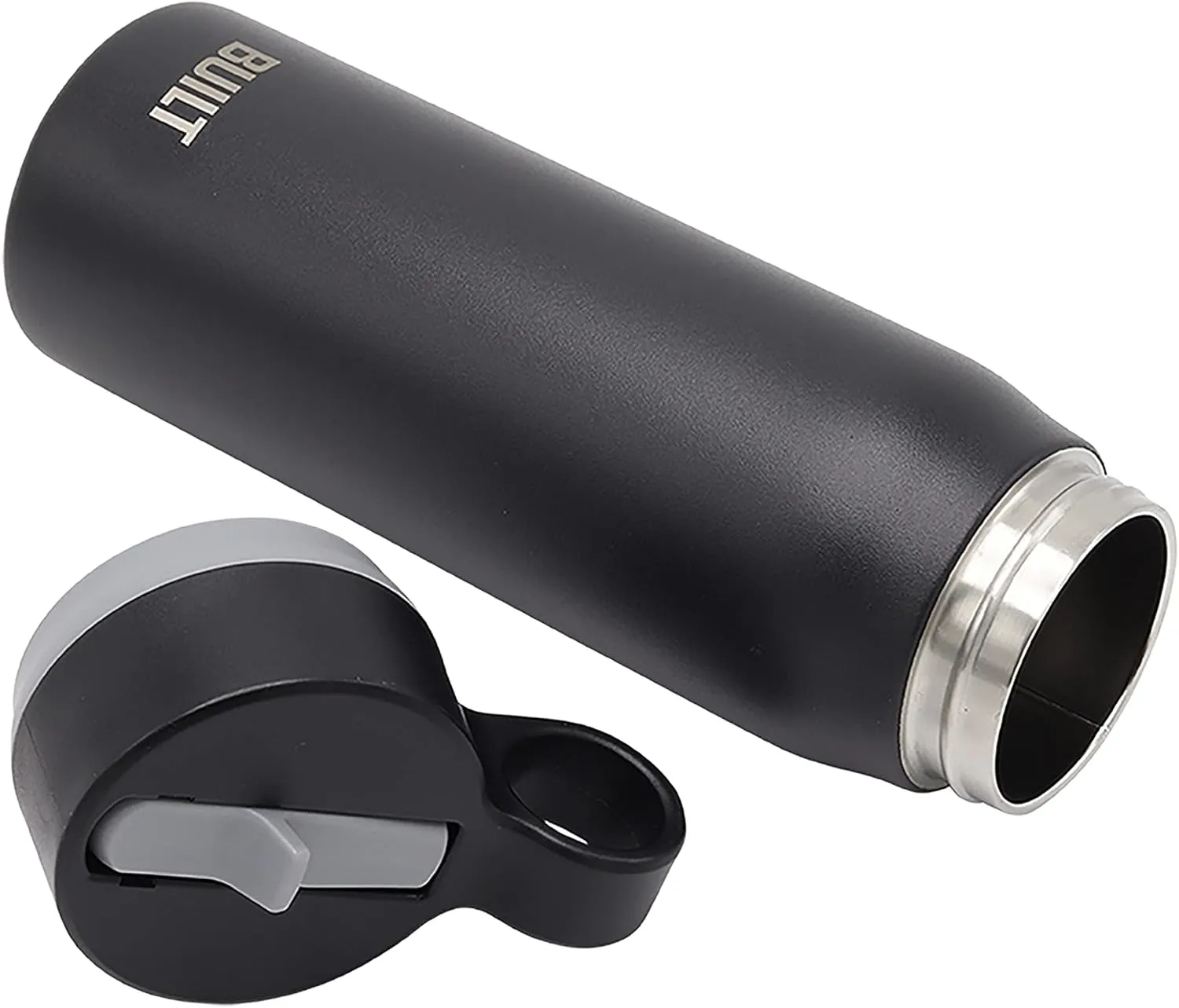 BUILT 20 Ounces Wide Mouth Cascade Double Wall Vacuum Insulated Stainless Steel Bottle with Straw Lid, Black