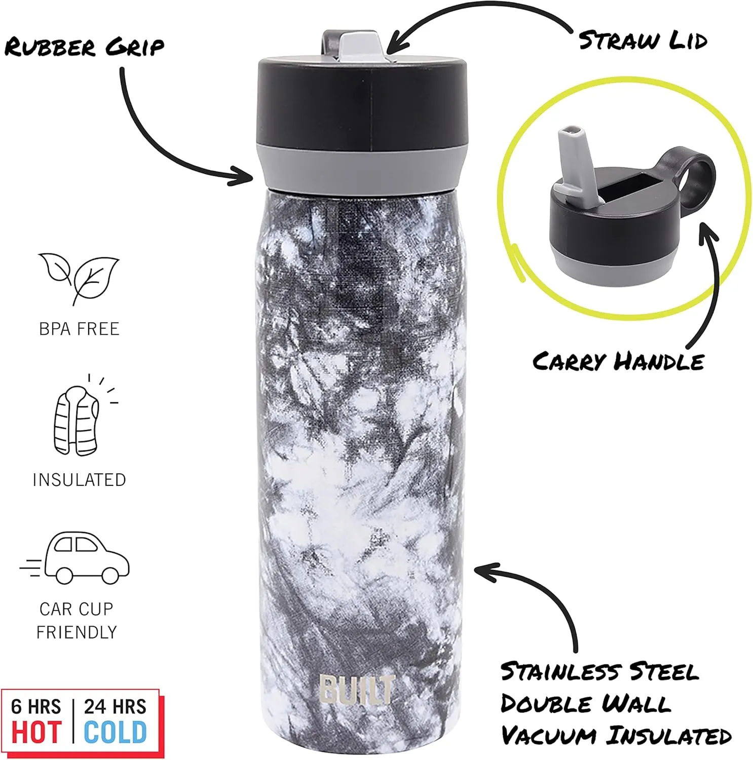 BUILT 20 Ounces Wide Mouth Cascade Double Wall Vacuum Insulated Stainless Steel Bottle with Straw Lid, Black