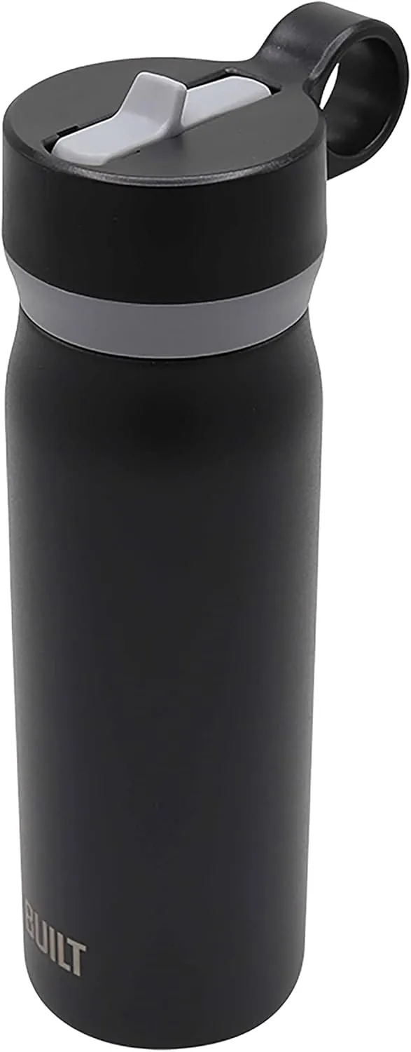 BUILT 20 Ounces Wide Mouth Cascade Double Wall Vacuum Insulated Stainless Steel Bottle with Straw Lid, Black