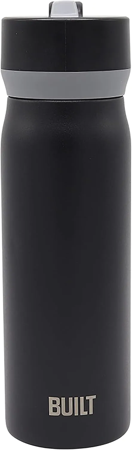 BUILT 20 Ounces Wide Mouth Cascade Double Wall Vacuum Insulated Stainless Steel Bottle with Straw Lid, Black