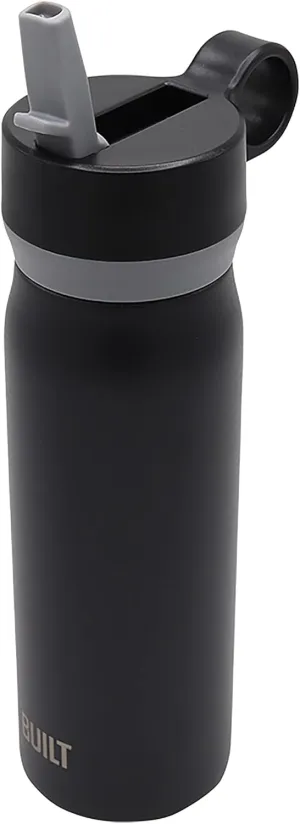 BUILT 20 Ounces Wide Mouth Cascade Double Wall Vacuum Insulated Stainless Steel Bottle with Straw Lid, Black