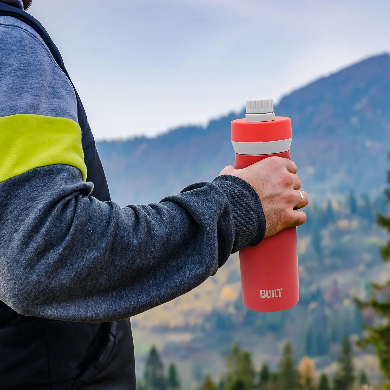 BUILT Cascade Double Wall Vacuum Insulated Stainless Steel Wide Mouth Water Bottle with Comfort Grip and Chug Lid and Carry Handle, 20 ounces