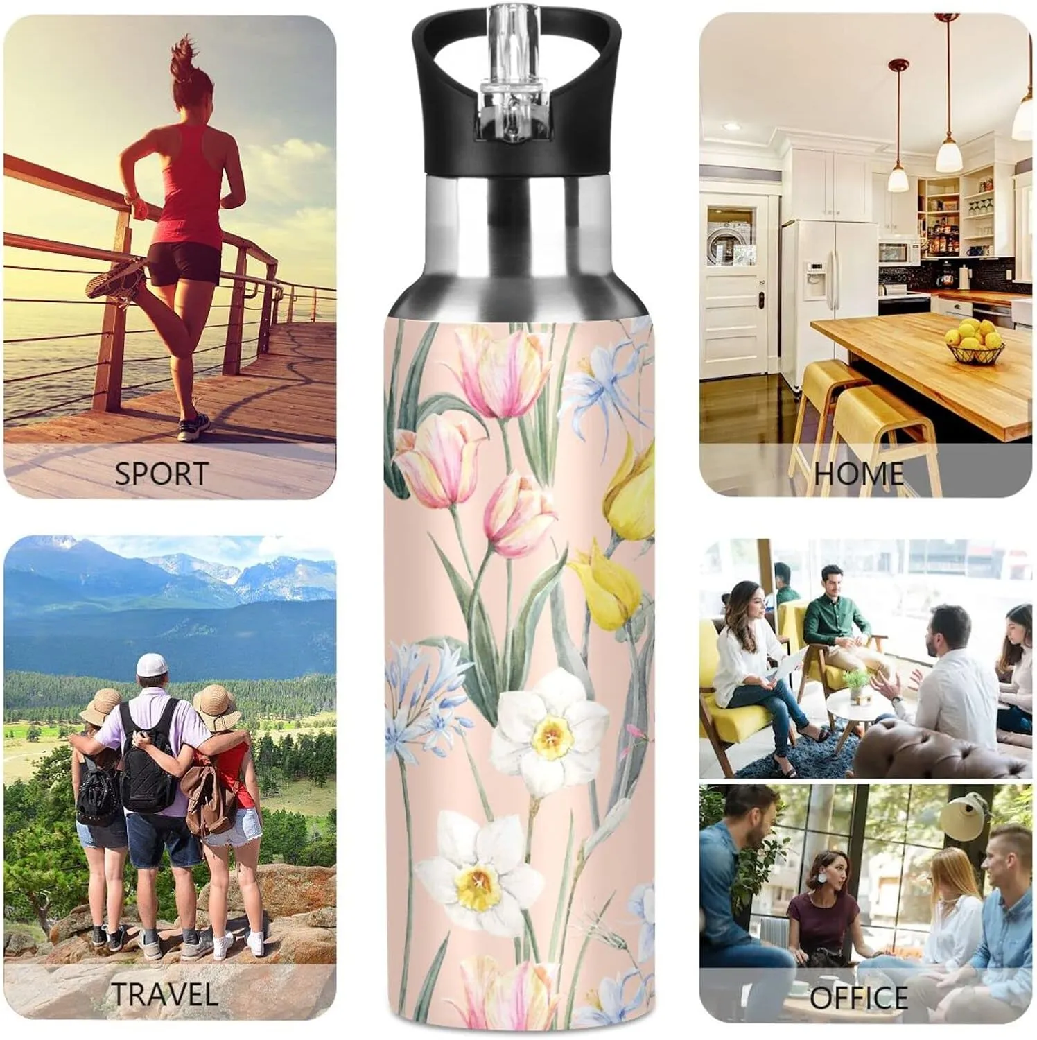 Burbuja Watercolor Floral Stainless Steel Water Bottle, Vacuum Insulated Water Bottles with Straw Lid for Sports, Gym, School - Leak & Sweat Proof, BPA Free, 20 oz
