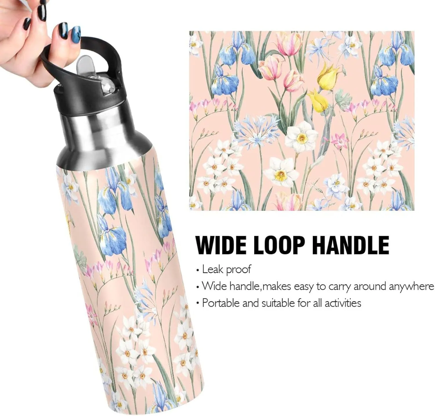 Burbuja Watercolor Floral Stainless Steel Water Bottle, Vacuum Insulated Water Bottles with Straw Lid for Sports, Gym, School - Leak & Sweat Proof, BPA Free, 20 oz