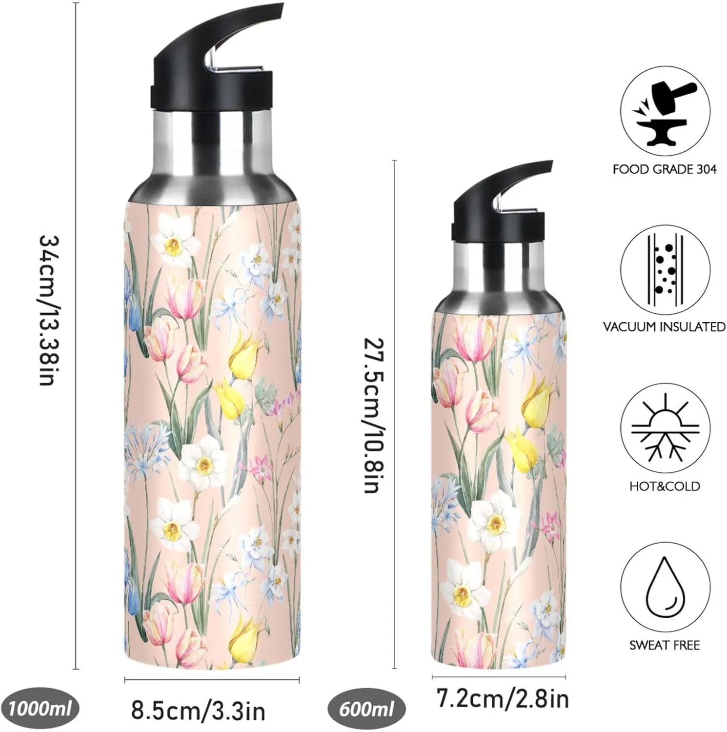 Burbuja Watercolor Floral Stainless Steel Water Bottle, Vacuum Insulated Water Bottles with Straw Lid for Sports, Gym, School - Leak & Sweat Proof, BPA Free, 20 oz