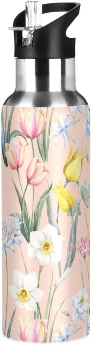 Burbuja Watercolor Floral Stainless Steel Water Bottle, Vacuum Insulated Water Bottles with Straw Lid for Sports, Gym, School - Leak & Sweat Proof, BPA Free, 20 oz