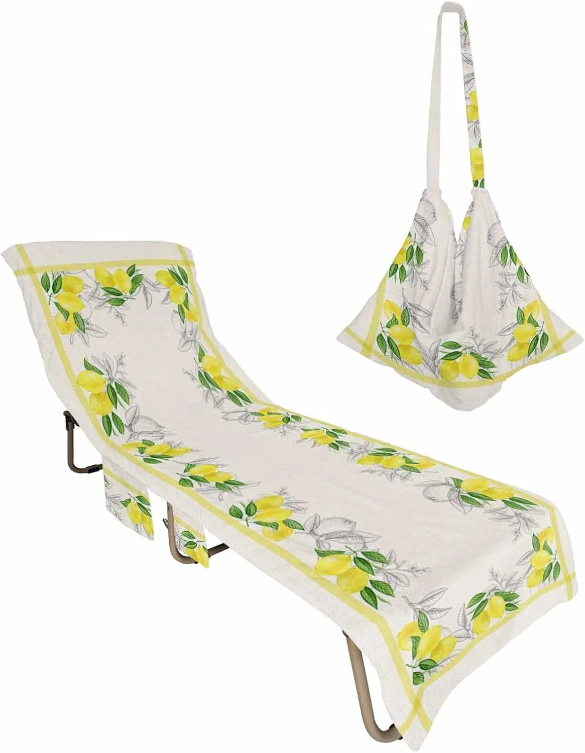 Burlap Lemon Leaves Beach Pool Patio Lounge Chaise Chair Cover Towel With Pockets, Absorbent & Quick Dry Microfiber Towel Cover Bag Summer Travel Accessories for Sunbathing Yellow Green Summer Fruit