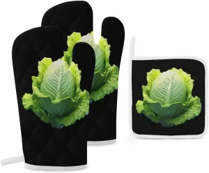 Cabbage Oven Mitts Gloves with Pot Holders Sets 3 Pack Heat Resistant Non Slip Kitchen Potholder Gloves