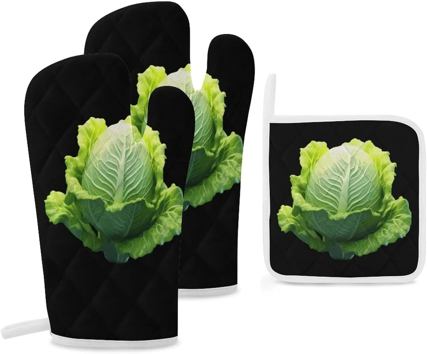 Cabbage Oven Mitts Gloves with Pot Holders Sets 3 Pack Heat Resistant Non Slip Kitchen Potholder Gloves