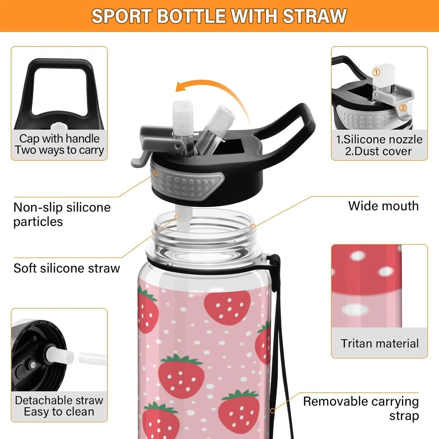 Caikeny Water Bottle with Straw Strawberry Sports Bottles BPA-Free Tritan Polka Dots Water Jug with Carrying Strap for Women Men Gym Outdoor Sports