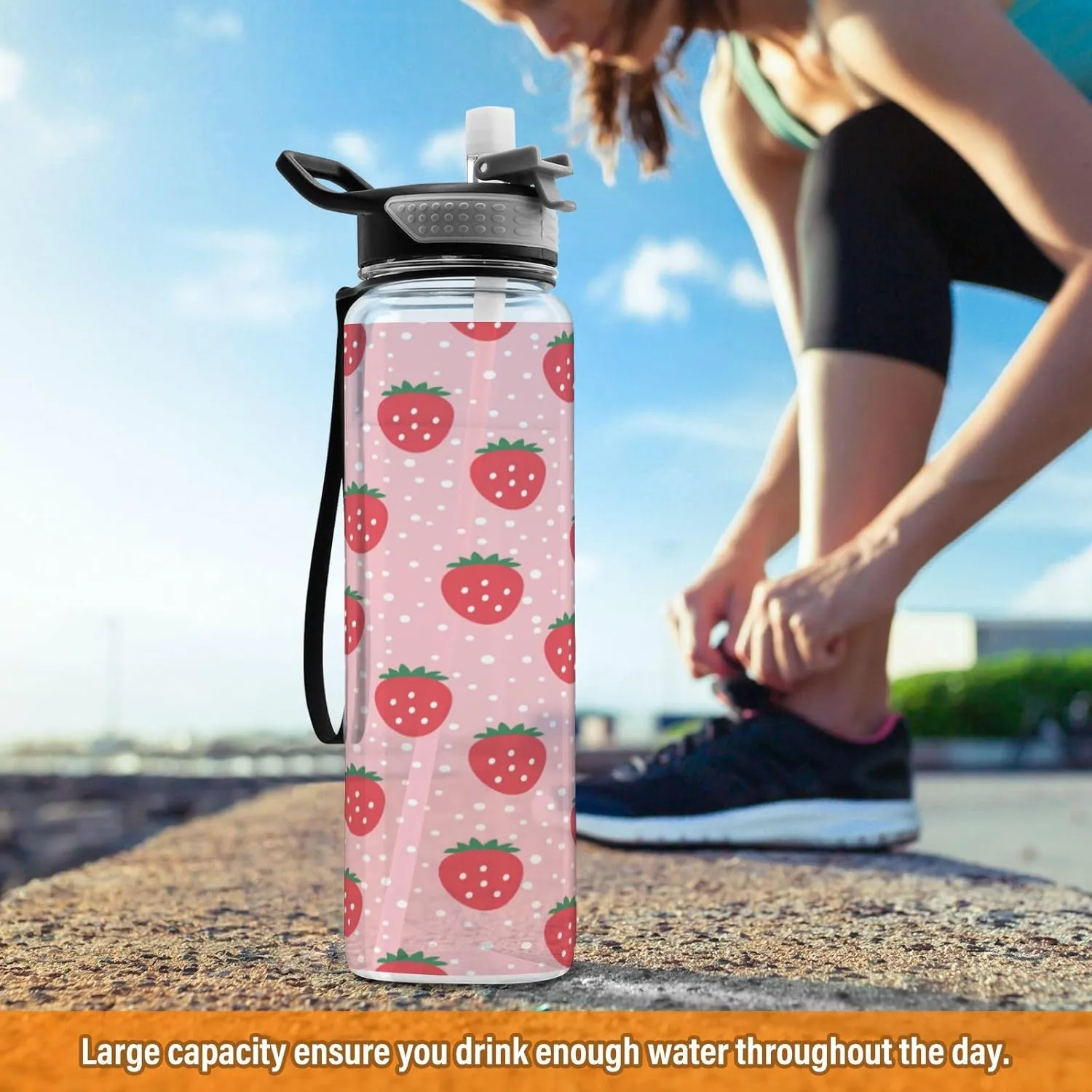 Caikeny Water Bottle with Straw Strawberry Sports Bottles BPA-Free Tritan Polka Dots Water Jug with Carrying Strap for Women Men Gym Outdoor Sports