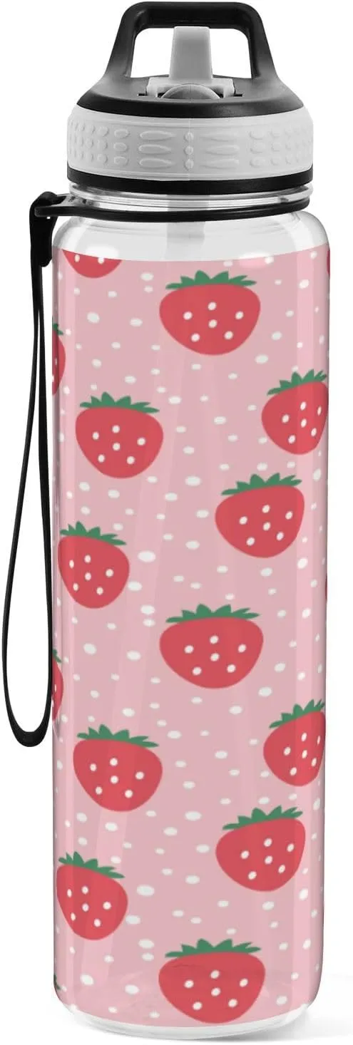 Caikeny Water Bottle with Straw Strawberry Sports Bottles BPA-Free Tritan Polka Dots Water Jug with Carrying Strap for Women Men Gym Outdoor Sports