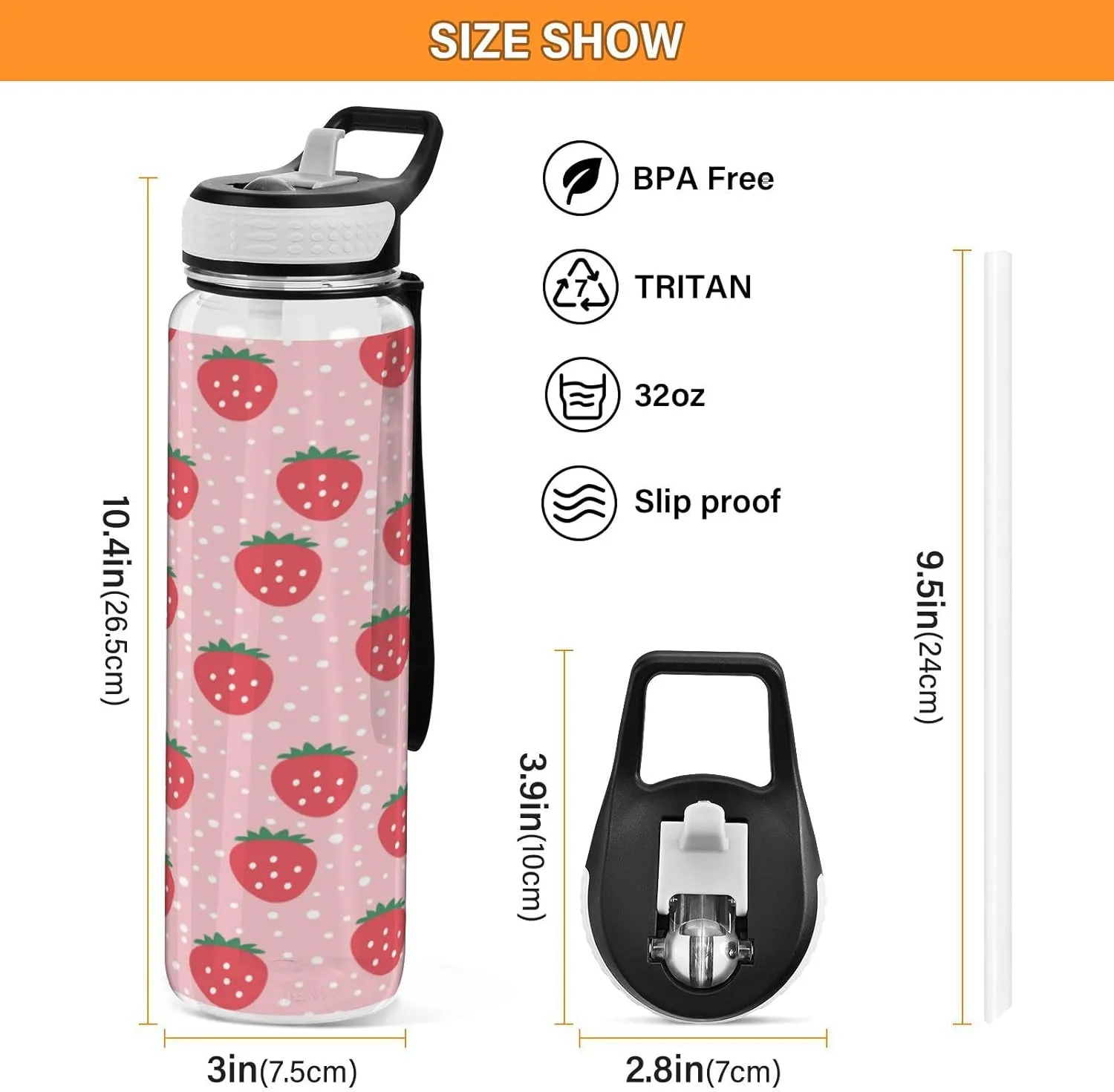 Caikeny Water Bottle with Straw Strawberry Sports Bottles BPA-Free Tritan Polka Dots Water Jug with Carrying Strap for Women Men Gym Outdoor Sports