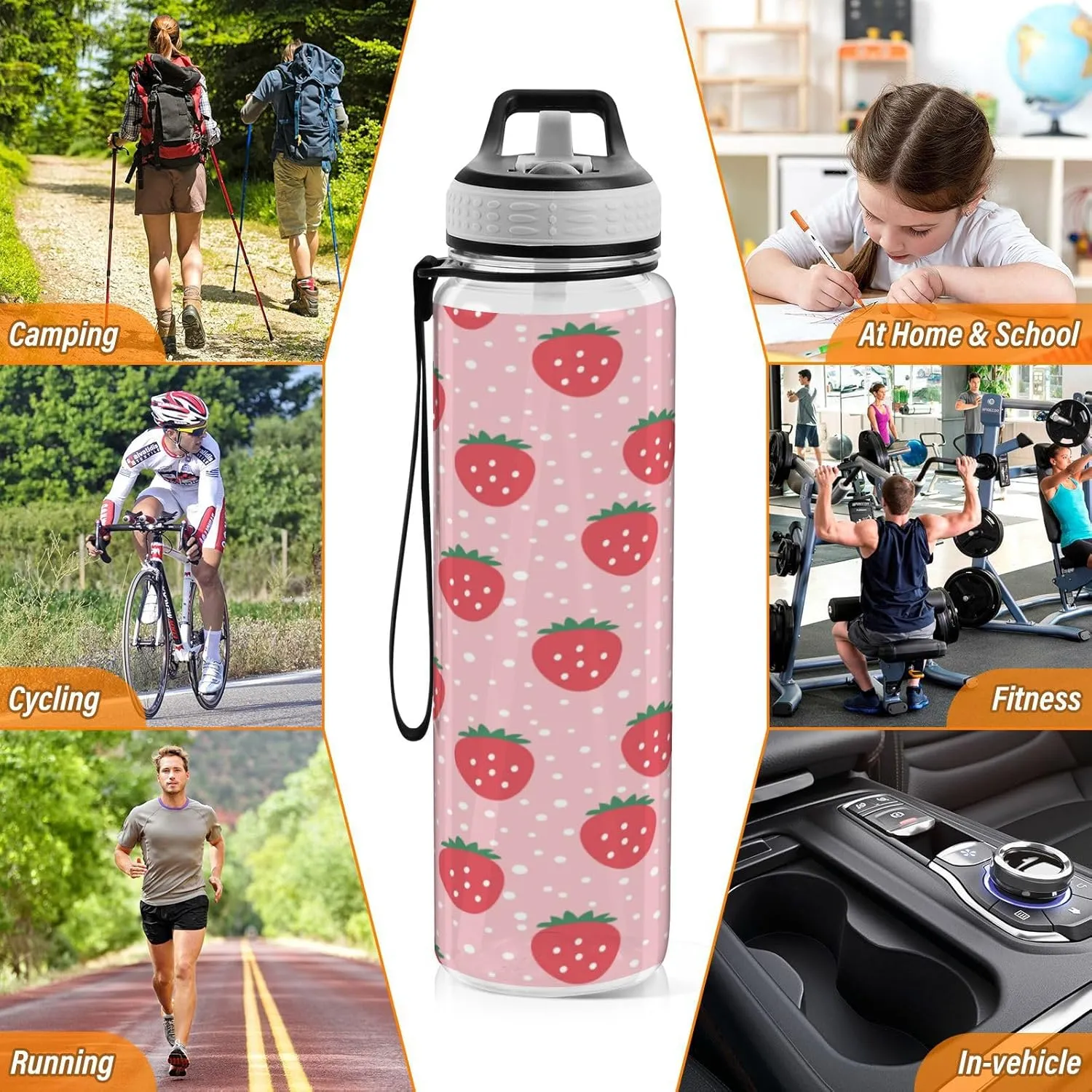 Caikeny Water Bottle with Straw Strawberry Sports Bottles BPA-Free Tritan Polka Dots Water Jug with Carrying Strap for Women Men Gym Outdoor Sports