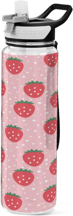 Caikeny Water Bottle with Straw Strawberry Sports Bottles BPA-Free Tritan Polka Dots Water Jug with Carrying Strap for Women Men Gym Outdoor Sports