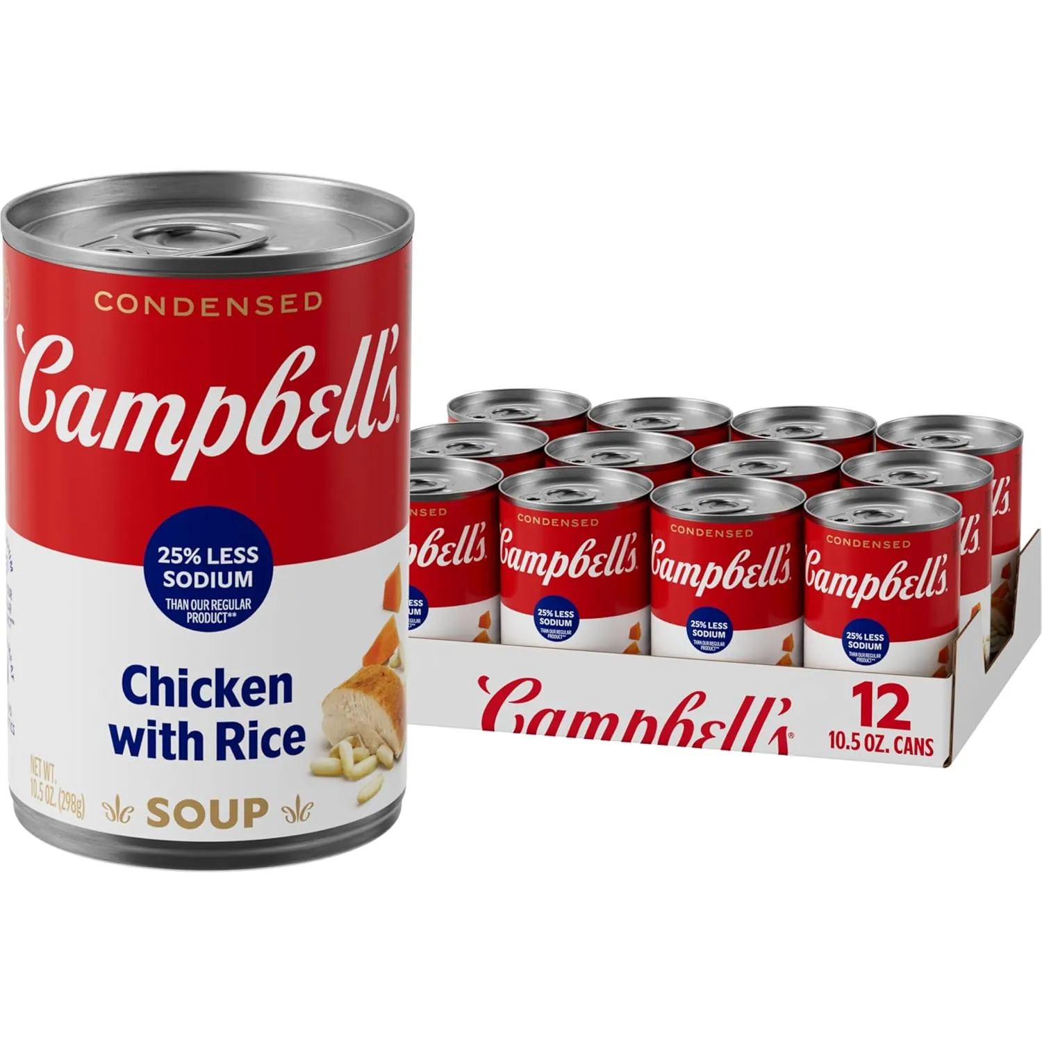 Campbell’s Condensed 25% Less Sodium Chicken and Rice Soup, 10.5 oz Can (Pack of 12)