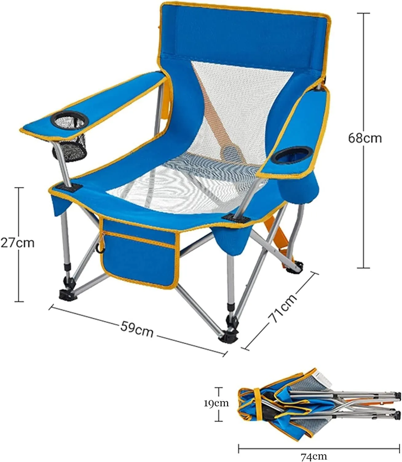 Camping Chair Outdoor Armchair Beach Deck Chairs Portable Leisure Seat Stool with Breathable Mesh, Comes with Storage Bag Folding Chair (Blue 71x59x68cm)