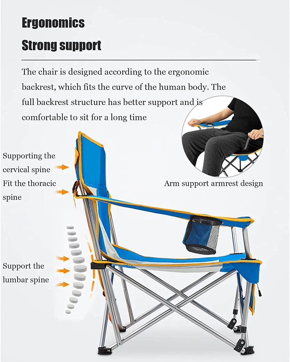Camping Chair Outdoor Armchair Beach Deck Chairs Portable Leisure Seat Stool with Breathable Mesh, Comes with Storage Bag Folding Chair (Blue 71x59x68cm)