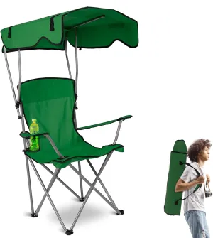 Camping Chair with Canopy, Outdoor Folding Chair with Adjustable Shade & Cup Holder, Heavy Duty Beach Chair for Adult Portable Camping Recliner Support 330 LBS