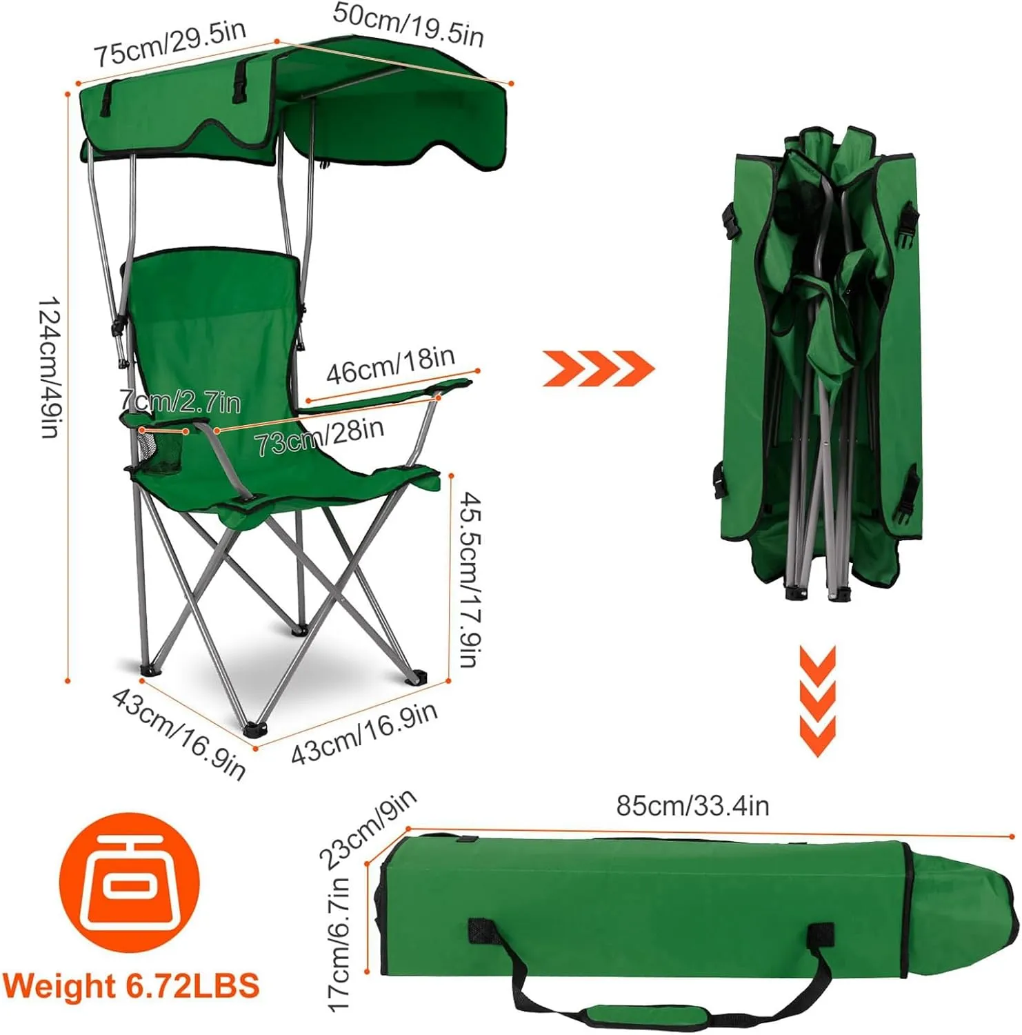 Camping Chair with Canopy, Outdoor Folding Chair with Adjustable Shade & Cup Holder, Heavy Duty Beach Chair for Adult Portable Camping Recliner Support 330 LBS